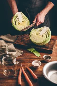 Preparing White Cabbage for Preserving Stock Photos