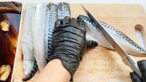 Preparing a whole saba(mackerel) fish with a sharp knife on the wooden board. Stock Photos