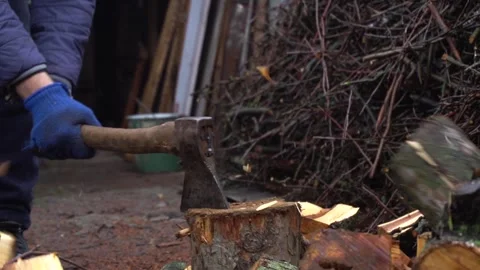 Preparing for winter chopping stumps for firewood to heat the house Stock Footage 327390057