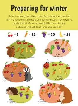 Preparing winter Educational Sheet. Primary module for Numerical Ability. 5-6 Stock Illustration