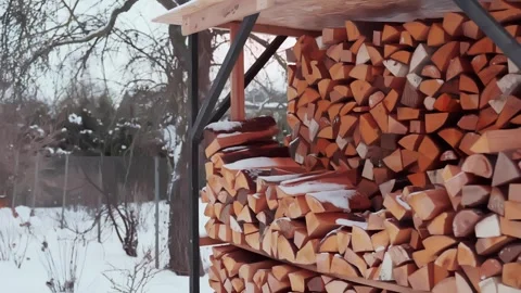 Preparing for winter: snow-dusted firewood stacked under a simple shed in a Stock Footage 327531667