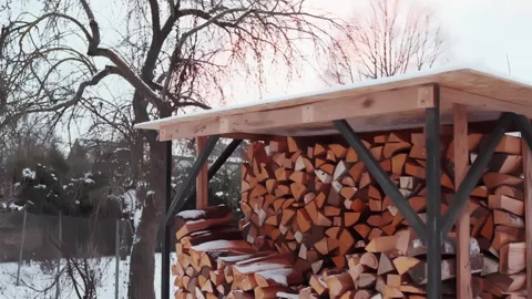 Preparing for winter with stacked firewood under a simple shed, snowy rural Stock Footage 327708058