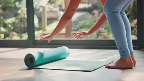 Preparing Yoga Mat for Pilates or Stretching at Home Workout Stock Footage 301424885