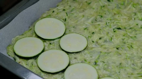 Preparing Zucchini Casserole in Baking Pan Cooking Stock Footage 341466930