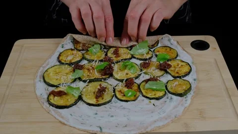 Preparing Zucchini Pizza with Breadcrumbs in Cooking Kitchen Stock Footage 341427363
