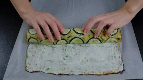 Preparing Zucchini Roll with Creamy Herb Filling in Cooking Kitchen Stock Footage 341440215