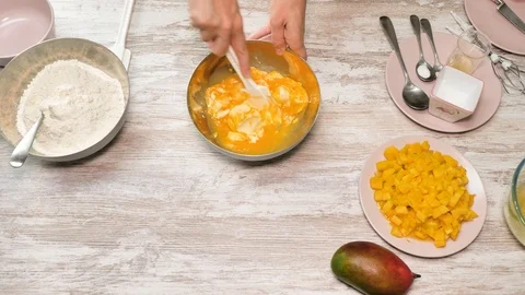 Prepearing of tasty receipt of mango pie with cream Stock Footage 94158803