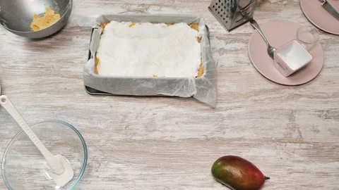 Prepearing of tasty receipt of mango pie with cream Stock Footage 94159749