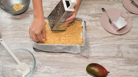 Prepearing of tasty receipt of mango pie with cream Stock Footage 94159807