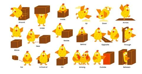 Preposition. Learning english prepositions with cute chicks. preschool educ.. Stock Illustration