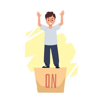 Preposition of place with boy on the box, flat vector illustration isolated. 스톡 일러스트