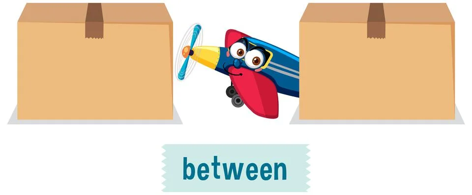 Preposition wordcard with airplane between boxes Illustrazione stock
