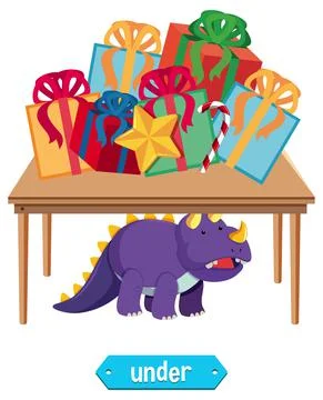 Preposition wordcard with dinosaur under table Illustrazione stock