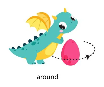Prepositions with Cute Dragon Character Learning Vector Illustration 스톡 일러스트