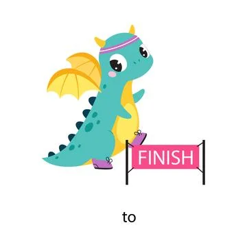 Prepositions with Cute Dragon Character Run to Finish Vector Illustration Stock Illustration