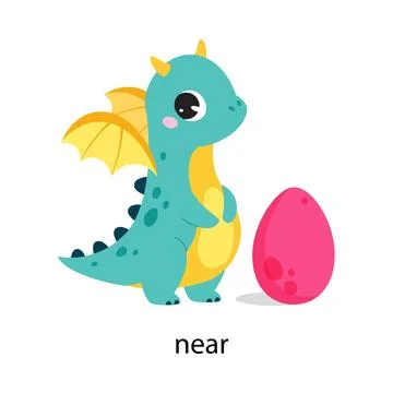 Prepositions with Cute Dragon Character Stand Near Egg Vector Illustration Stock Illustration