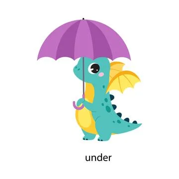 Prepositions with Cute Dragon Character Stand Under Umbrella Vector Illustration Stock Illustration