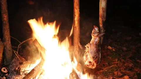 A prepper cooks food on an open fire. Stock Footage 208829950