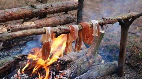 A prepper cooks food on an open fire. Stock Footage 220657776