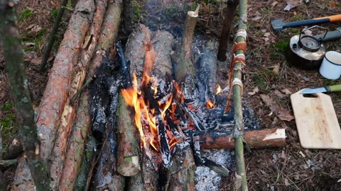 A prepper cooks food on an open fire. Stock Footage 220657876