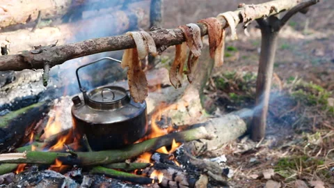 A prepper cooks food on an open fire. Stock Footage 244703328