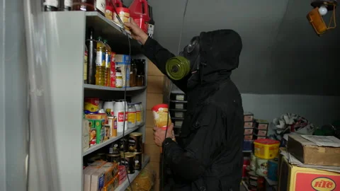 A prepper in a gas mask preparing for doomsday by stockpiling food in a 動画素材 172531674