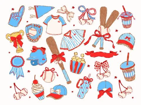 Preppy Baseball Gear Element Kit with Ribbon Bows and stripes Whimsical Han.. Stock Illustration