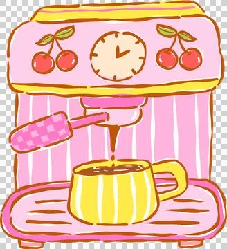 Preppy Coffee Maker with Cherries Whimsical Hand Drawn 스톡 일러스트
