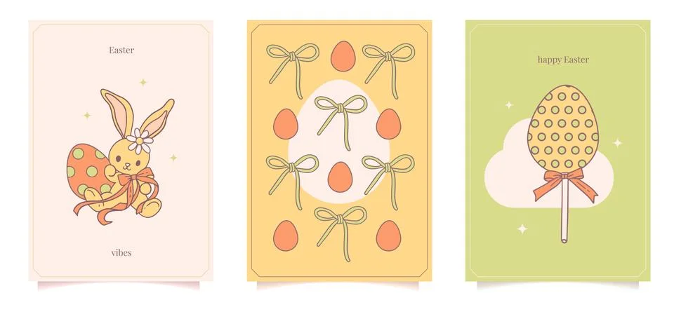 Preppy festive set of Easter greeting cards with bunny, eggs and bow knots. Cute Stock Illustration