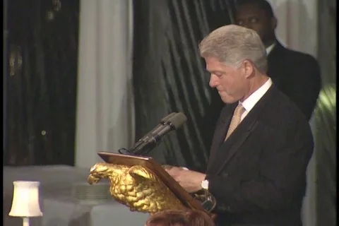 Pres. Clinton remarks at a State Dinner for P.M. Ehud Barak of Israel - 1999 Stock Footage 97567454