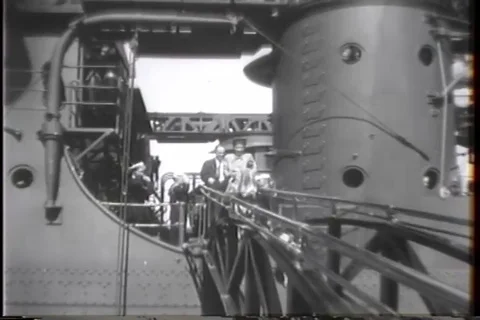 Pres. Harry Truman, Sec. James Byrnes and Mr Hines leave USS AUGUSTA - 1945 Stock Footage 93844523