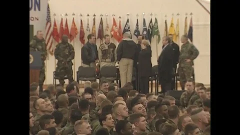 Pres. William Clinton talks to the delegates of Task Force Falcon Troops - 1999 Video stock 90453044
