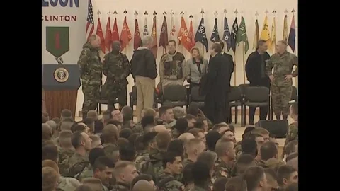 Pres. William Clinton talks to the delegates of Task Force Falcon Troops - 1999 Video stock 90453047