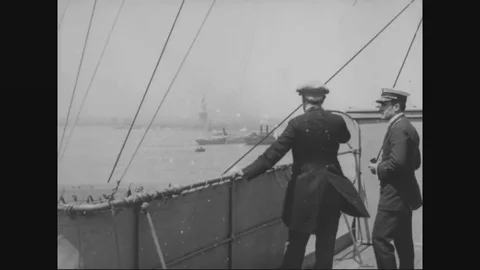 Pres. Wilson with Adm. Grayson on the bridge of George Washington - 1919 Stock Footage 84562598