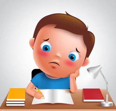 Preschool boy kid vector character bored studying school homework in desk Stock Illustration