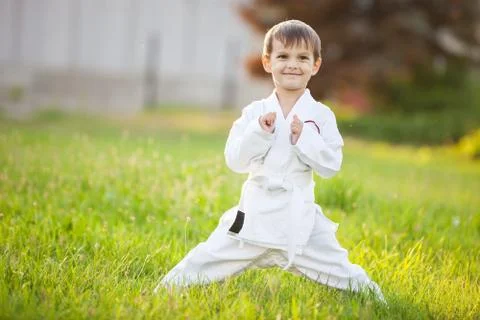 Preschool boy practicing karate Stock Photos