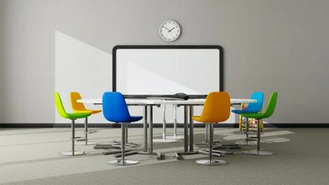 Preschool classroom idea with round table and colorful seat, carpet floor, pa Stock Illustration