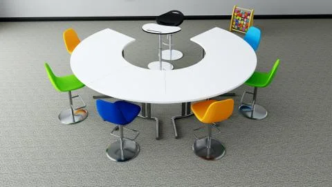 Preschool classroom idea with round table and colorful seat, carpet floor, pa Stock Illustration