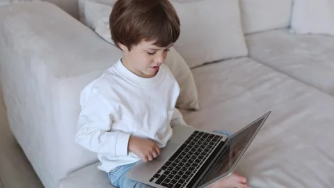 A preschool kid uses lap top, sitting on the sofa Stock Footage 255245327