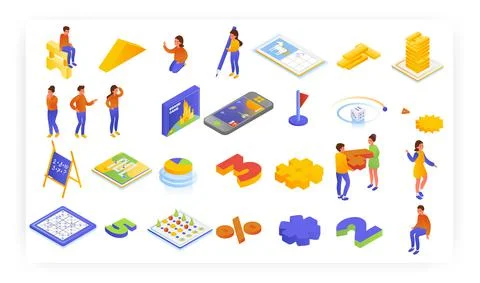 Preschool learning kids games, vector isometric icon set. Children playing board Stock Illustration