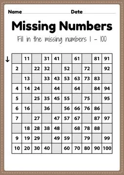Preschool math worksheets, missing numbers 1 to 100 printable sheet Stock Illustration