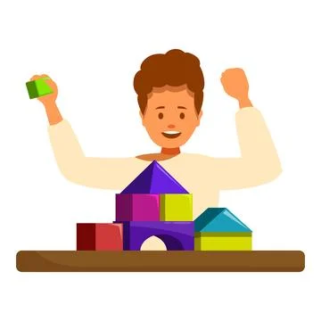 Preschooler enjoys constructive play, building a castle with colorful blocks, Ilustración de archivo