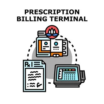 Prescription billing terminal processing medication payment system Stock Illustration