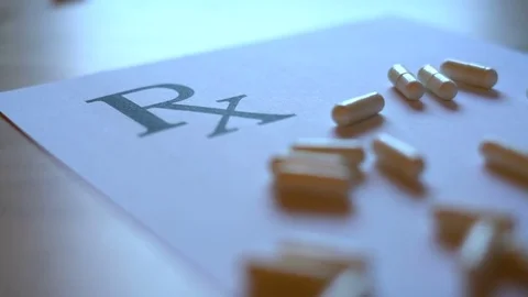 Prescription pills scattering over blank RX form Stock Footage