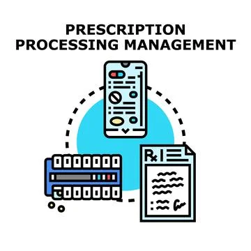 Prescription processing management concept with digital and physical elements Stock Illustration