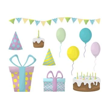 Present and party set on white background Stock Illustration