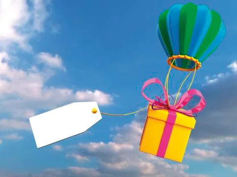 A present is attached to a balloon in the air 3D rendering illustration Stock Illustration