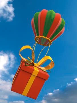 A present is attached to a balloon in the air 3D rendering illustration Illustrazione stock