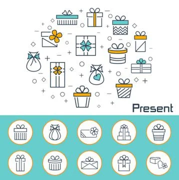 Present banner in flat style. Outline vector icons. Stock Illustration