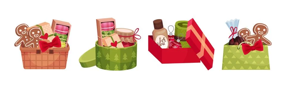 Present Baskets and Carton Boxes Full of Gifts Vector Set Stock Illustration